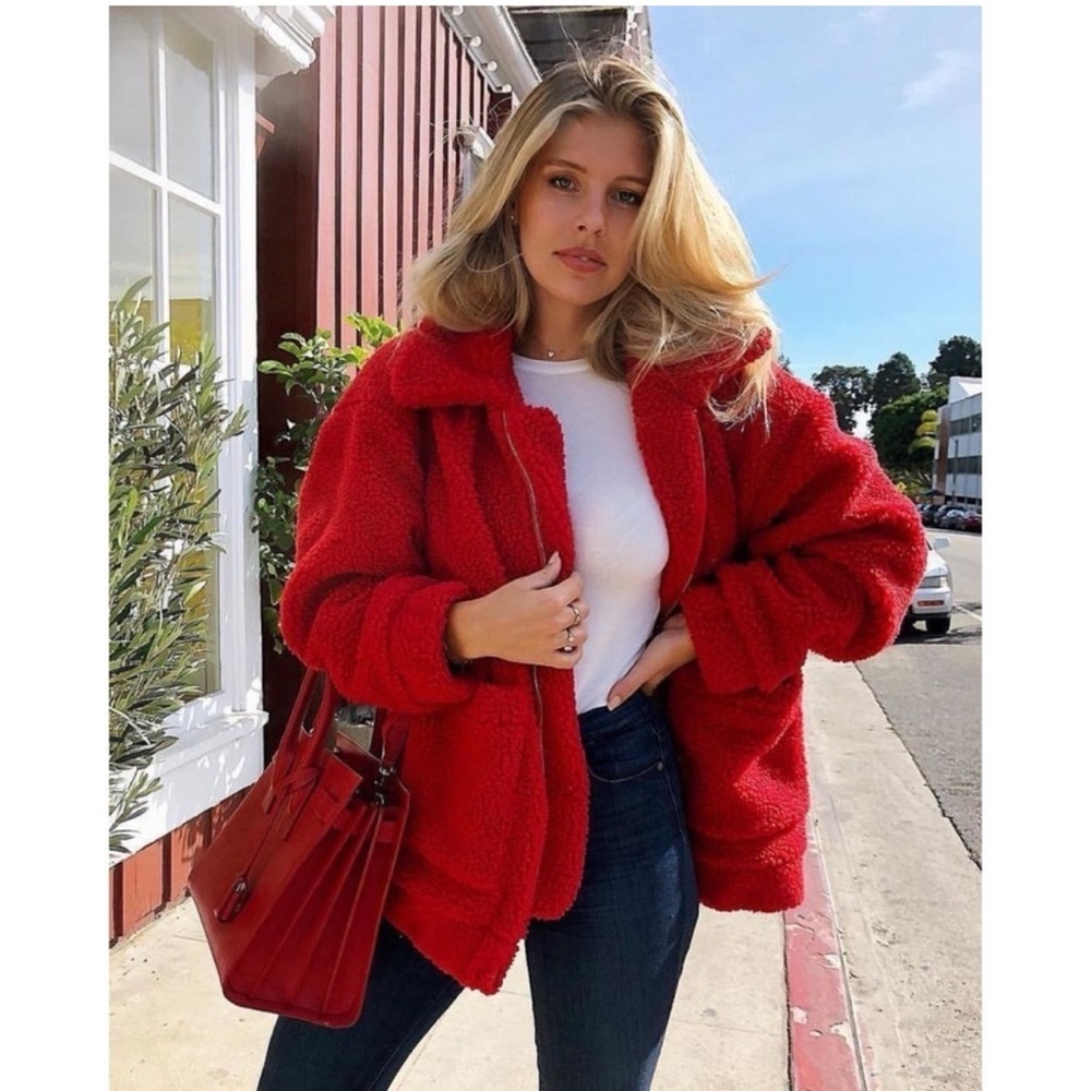 I AM GIA Red Pixie Teddy Coat Sherpa Size M Oversized Zip Up Fleece Jacket
